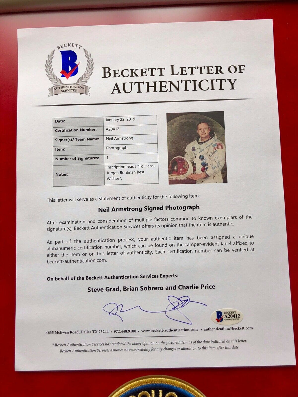 NEIL ARMSTRONG * BECKETT BAS * AUTOGRAPH WSS NASA LITHO * Apollo 11 Signed