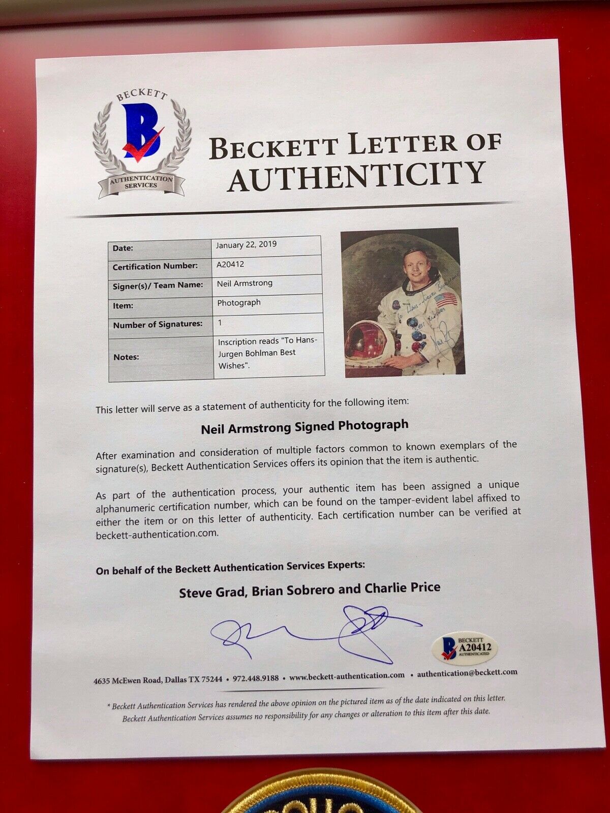 NEIL ARMSTRONG * BECKETT BAS * AUTOGRAPH WSS NASA LITHO * Apollo 11 Signed