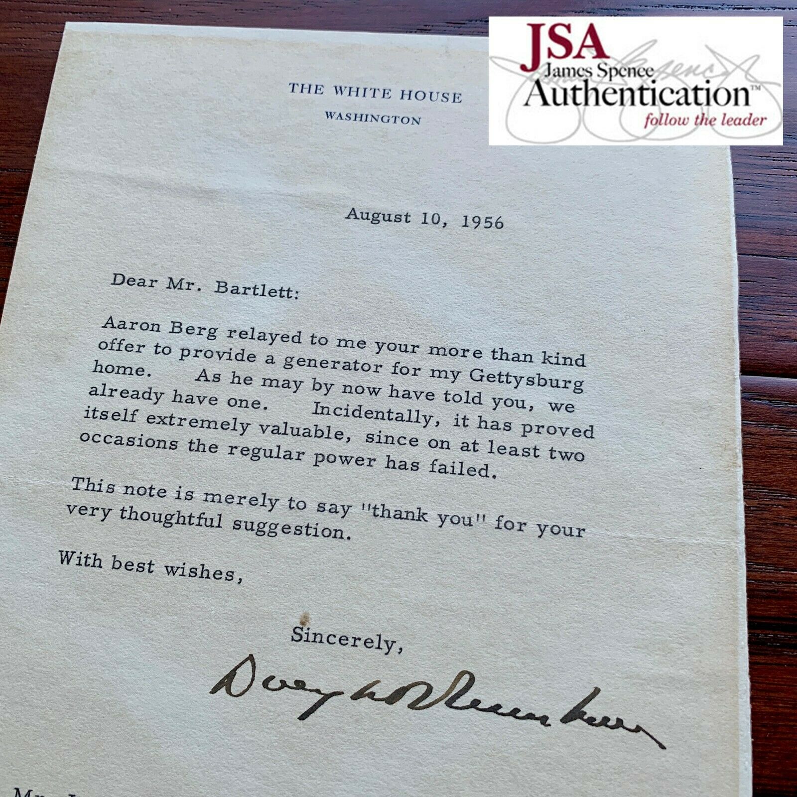 DWIGHT EISENHOWER * JSA * as PRESIDENT * WHITE HOUSE Autograph Letter Signed