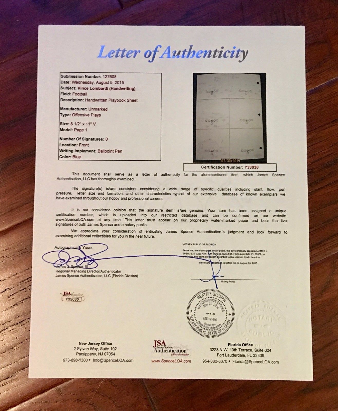 VINCE LOMBARDI JSA COA Scarce Handwritten Play Packers