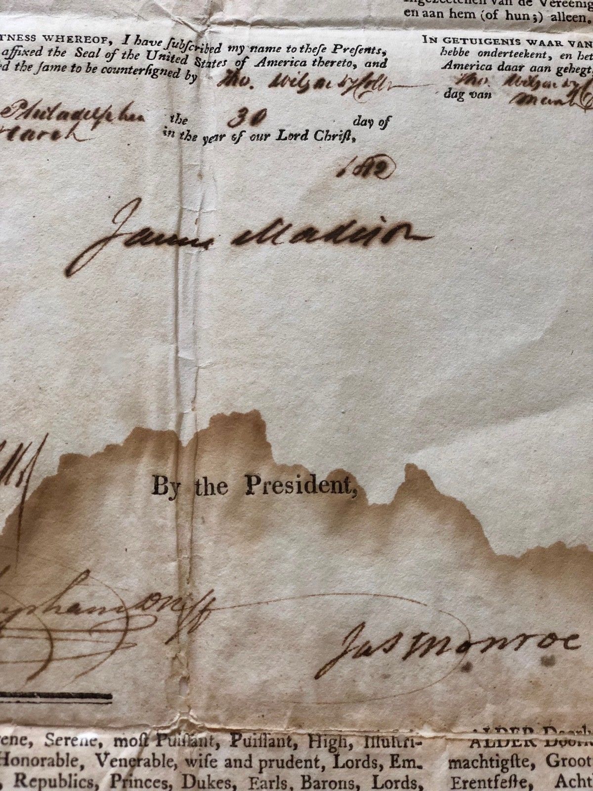 JAMES MADISON * JAMES MONROE Dual AUTOGRAPH Ship's Papers SIGNED * 1812