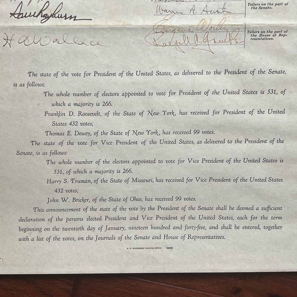 FRANKLIN D ROOSEVELT & HARRY TRUMAN * Signed Electoral Senate Vote Autograph JSA