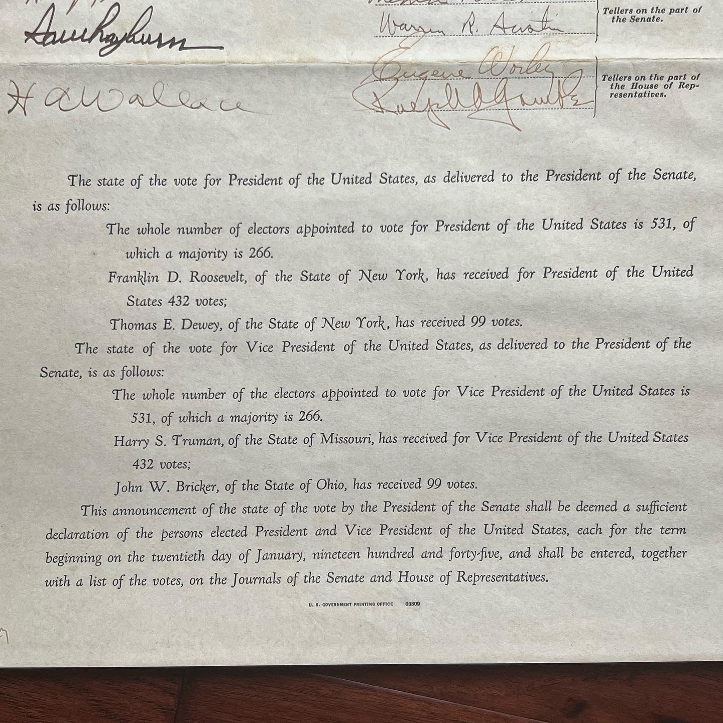 FRANKLIN D ROOSEVELT & HARRY TRUMAN * Signed Electoral Senate Vote Autograph JSA