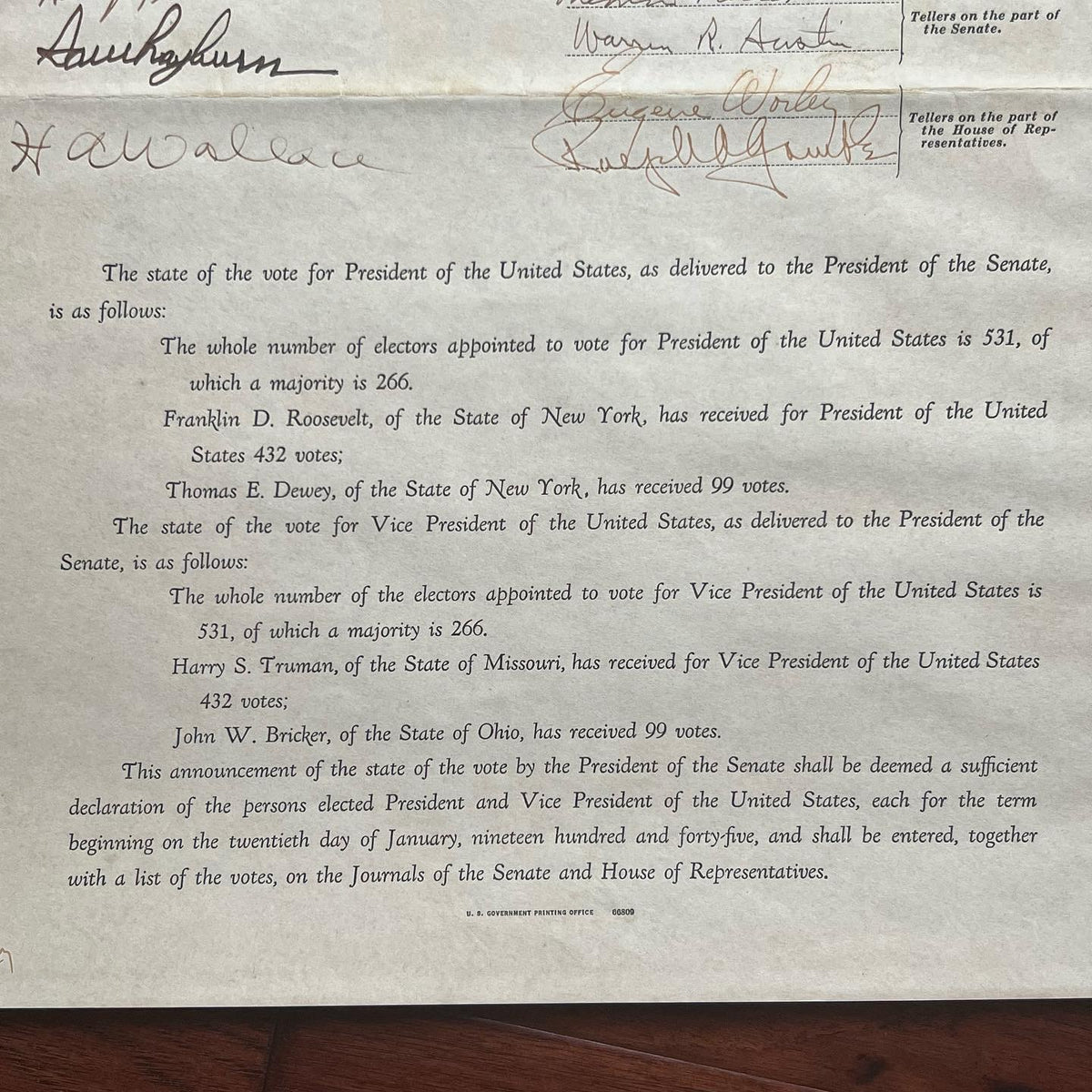FRANKLIN D ROOSEVELT & HARRY TRUMAN * Signed Electoral Senate Vote Autograph JSA