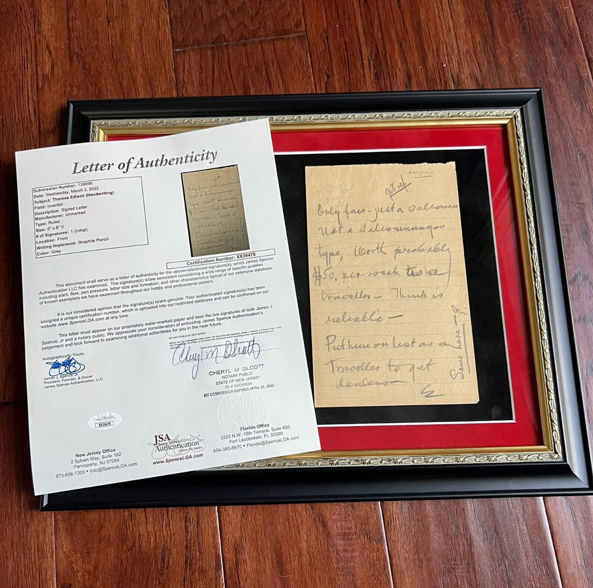 THOMAS EDISON * JSA LOA * Handwritten Autograph Letter Signed Hiring Salesman