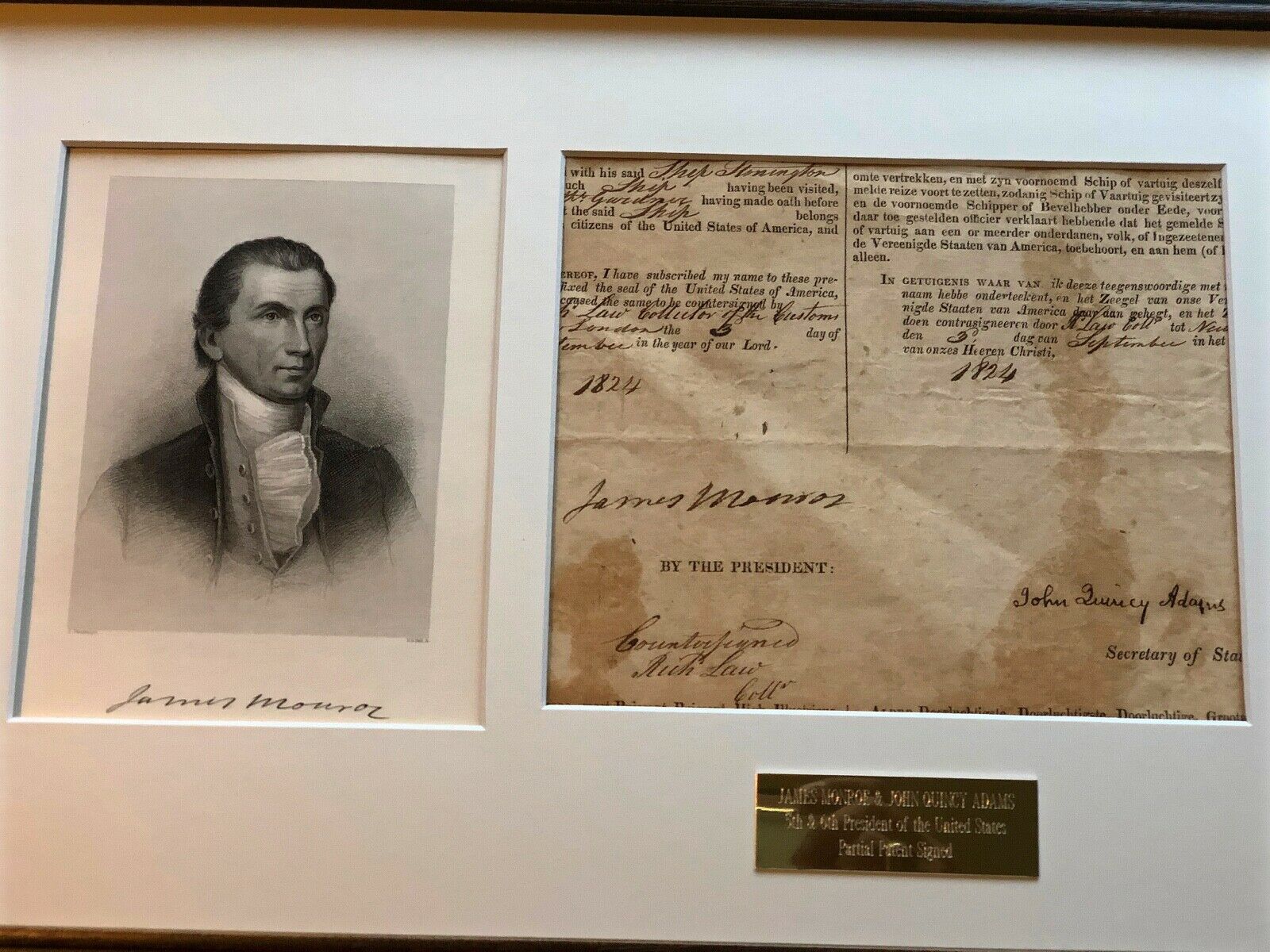 JAMES MONROE & JOHN QUINCY ADAMS * BAS * AUTOGRAPH Partial Patent SIGNED
