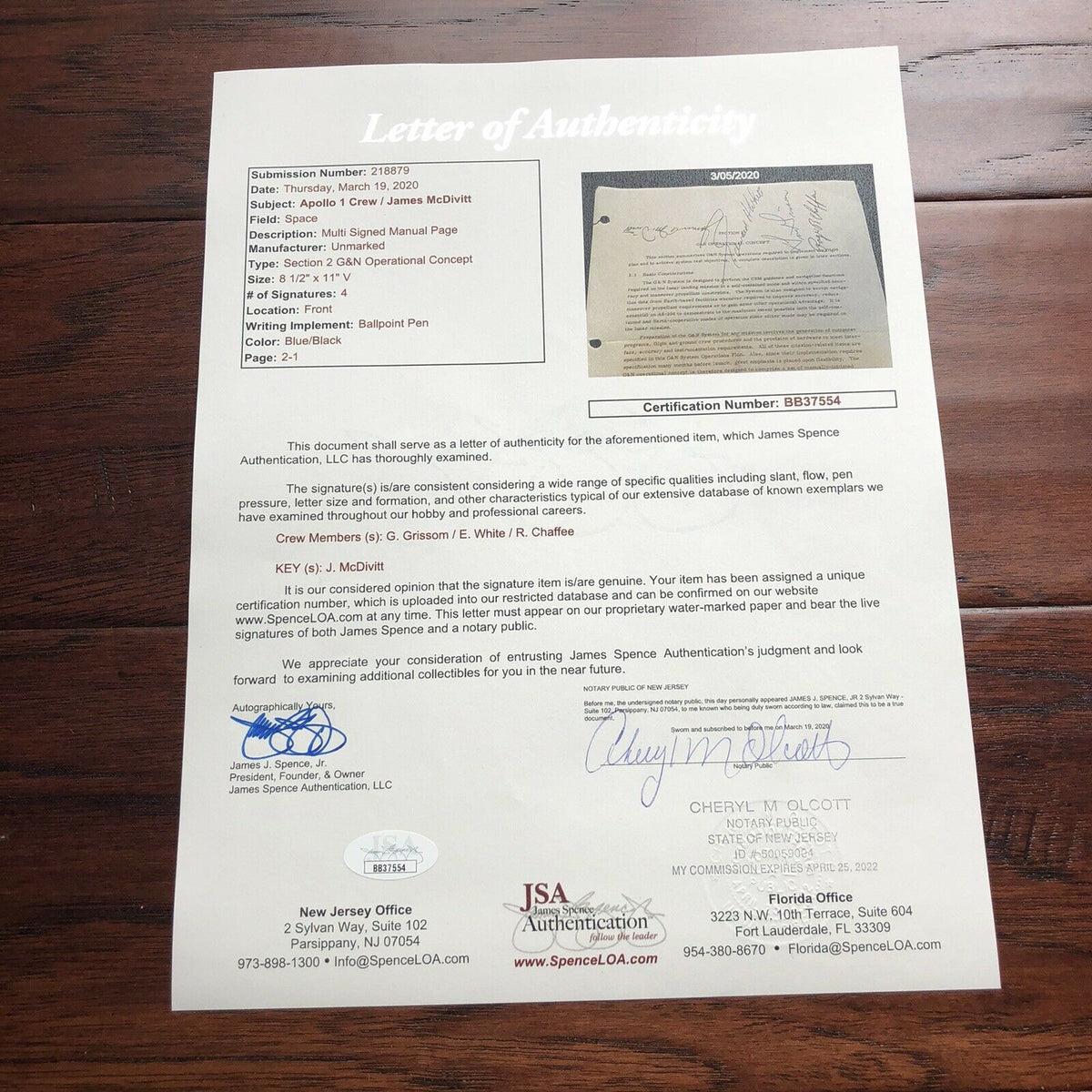 Apollo 1 * JSA * Crew Autograph NASA Document Signed * Roger Chaffee Gus Grissom