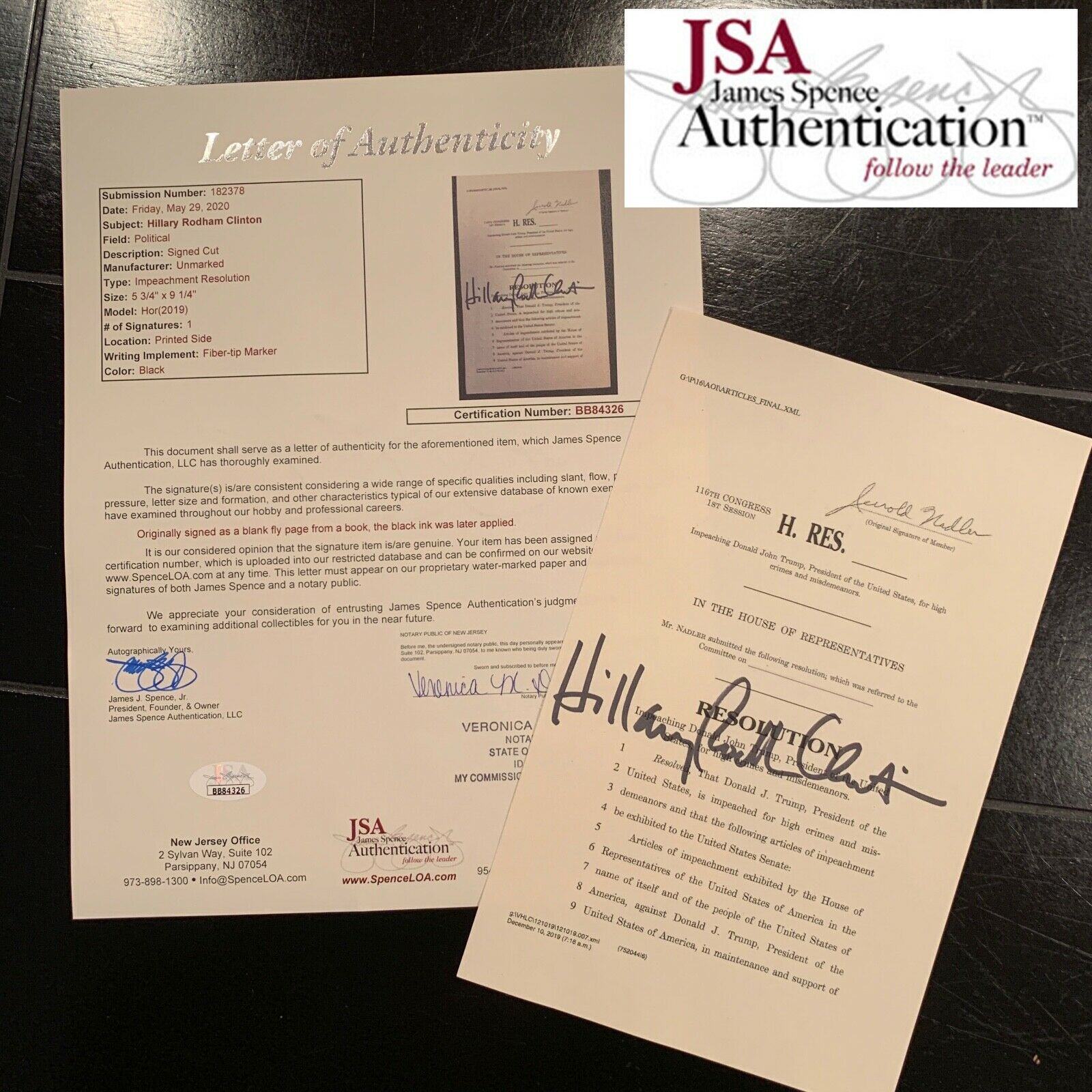 HILLARY CLINTON * JSA * Souvenir Trump ARTICLES OF IMPEACHMENT Signed Autograph