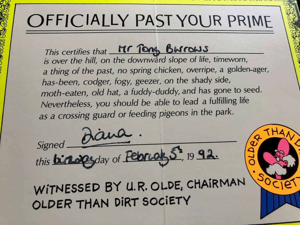 Princess DIANA * BAS * "Past Your Prime" AUTOGRAPH Birthday Certificate SIGNED
