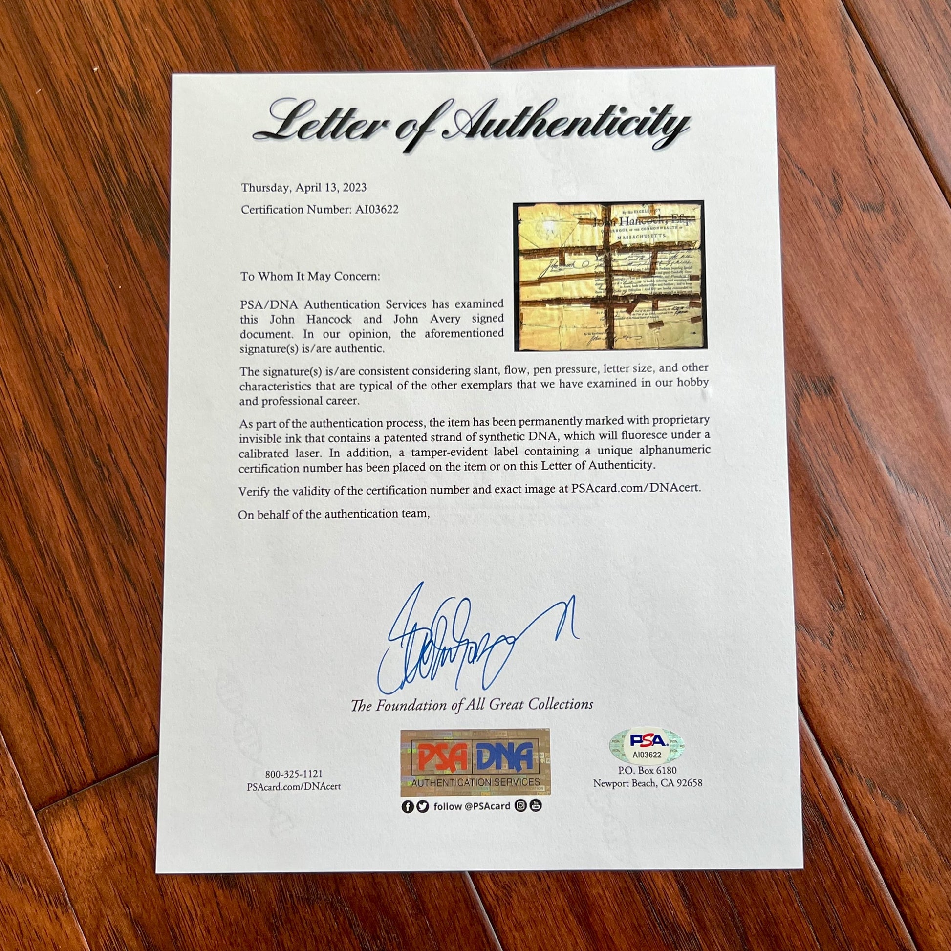 JOHN HANCOCK * PSA/DNA * Signed Militia Appointment Autograph Full Signature