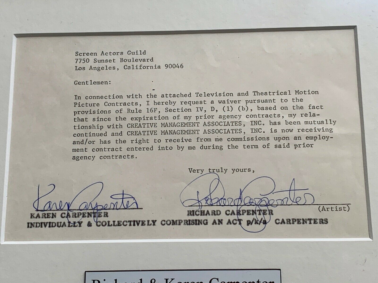 THE CARPENTERS * JSA * Karen & Richard AUTOGRAPH Duo Contract SIGNED