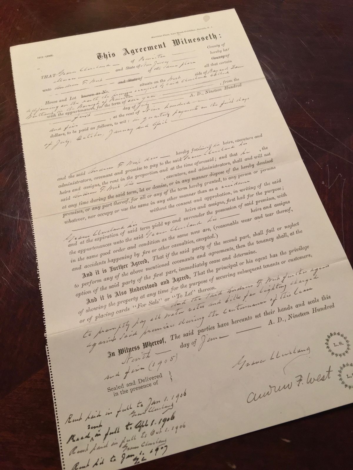 GROVER CLEVELAND * SIGNED 8x AUTOGRAPH Handwritten WESTLAND Lease * President