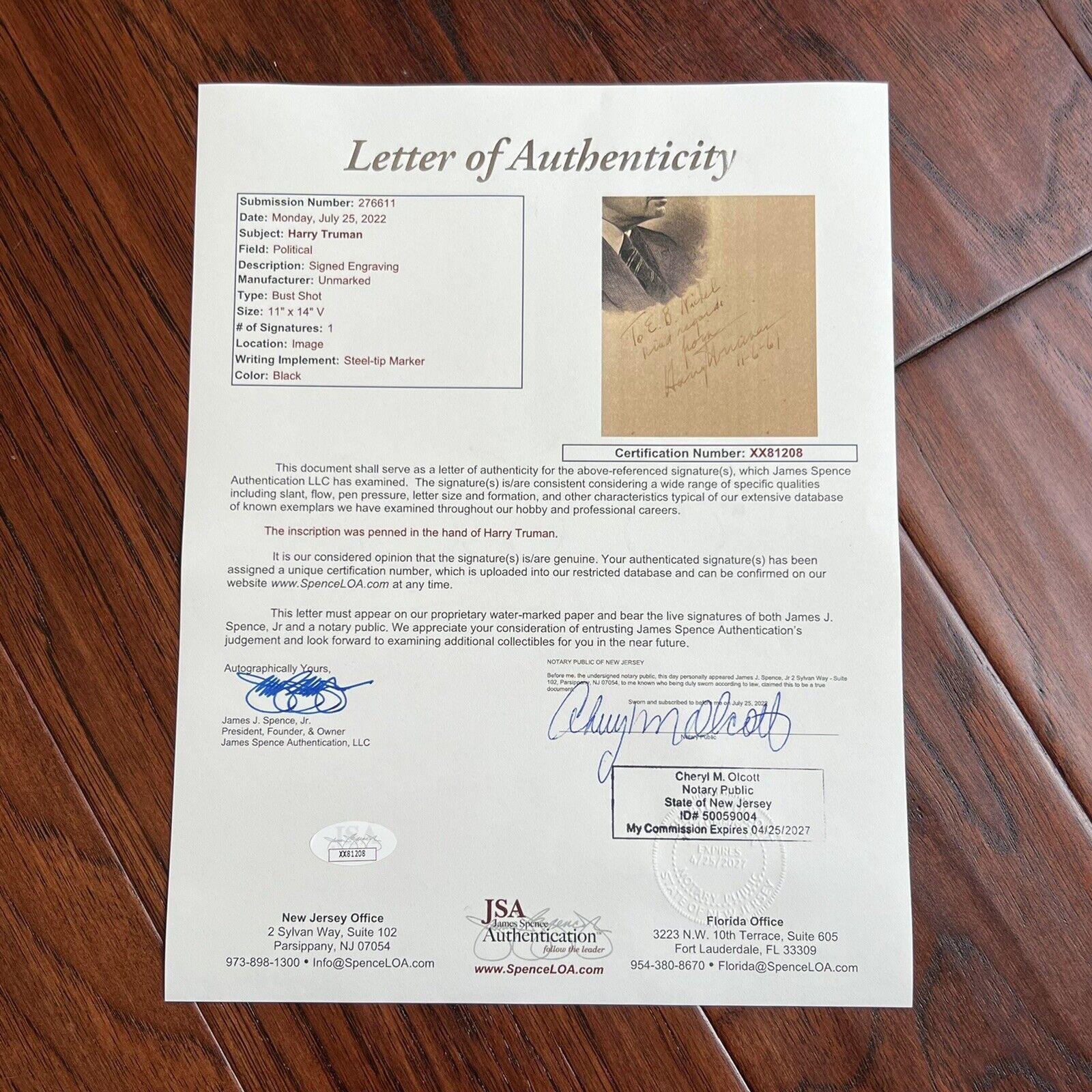 HARRY TRUMAN * JSA LOA * Signed 11x14 Engraving Autograph Official BEP Portrait