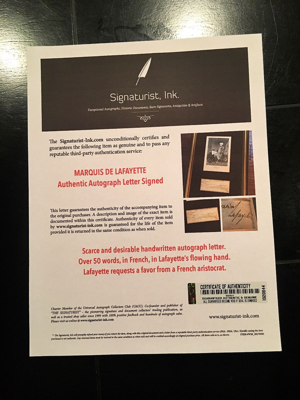 MARQUIS DE LAFAYETTE Authentic AUTOGRAPH Letter SIGNED * Revolutionary War * COA