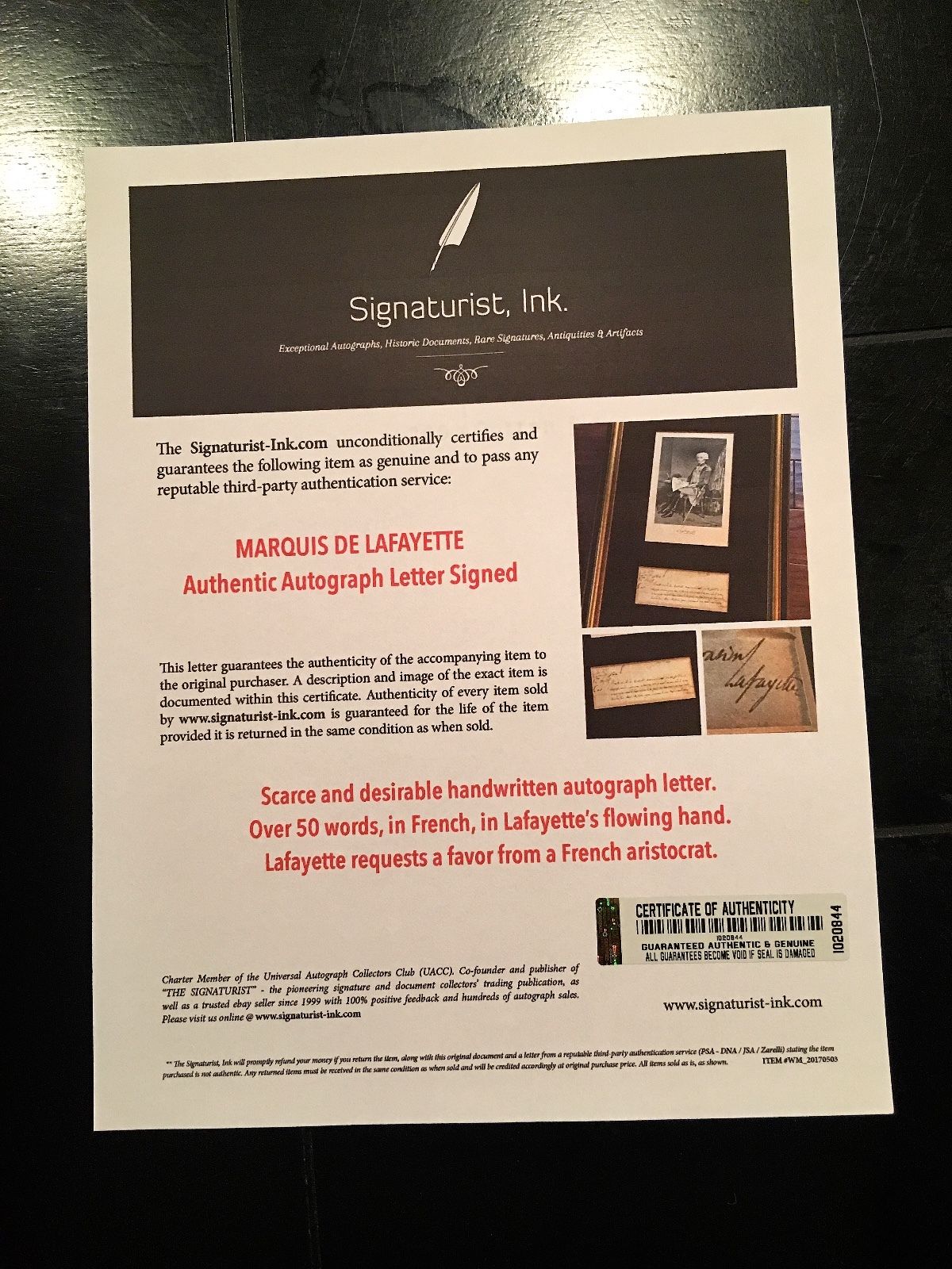 MARQUIS DE LAFAYETTE Authentic AUTOGRAPH Letter SIGNED * Revolutionary War * COA