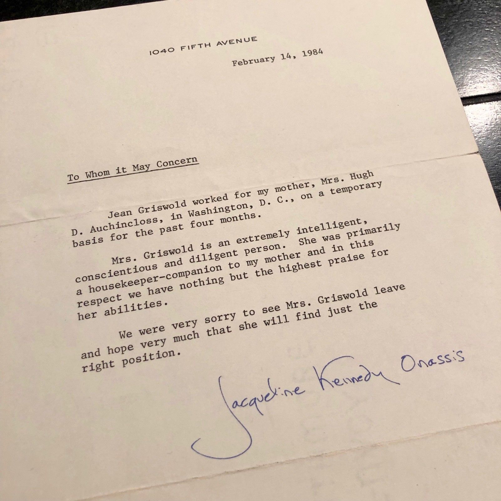 JACQUELINE KENNEDY * PSA/DNA AUTOGRAPH reference note SIGNED for Mom's Caretaker