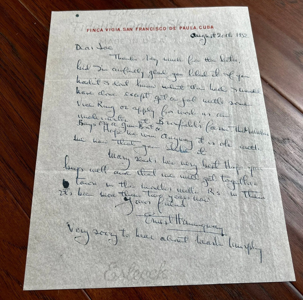 ERNEST HEMINGWAY * PSA/DNA * Autograph Letter Signed Re: "Old Man And The Sea"