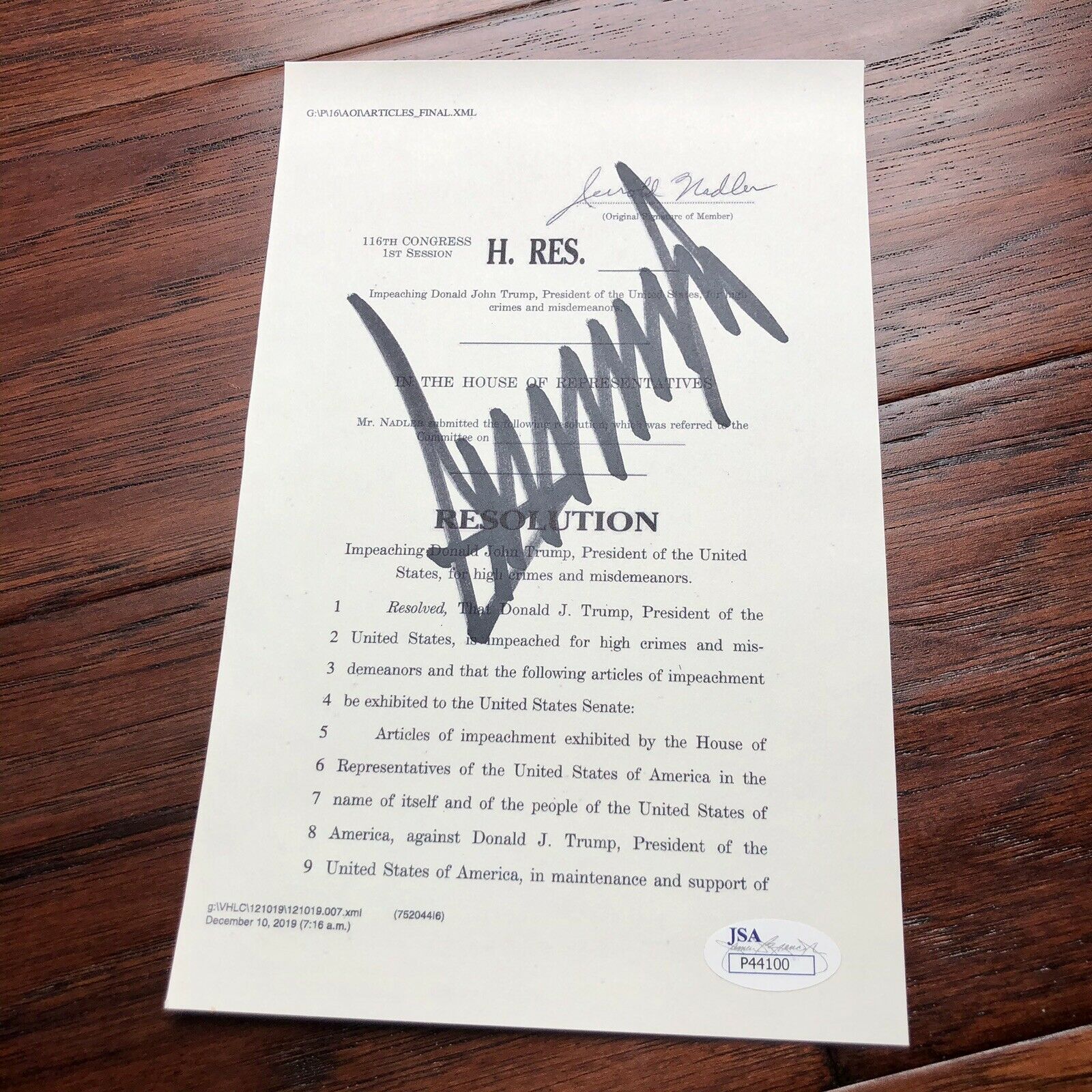 DONALD TRUMP * JSA LOA * Souvenir ARTICLES OF IMPEACHMENT Signed Autograph