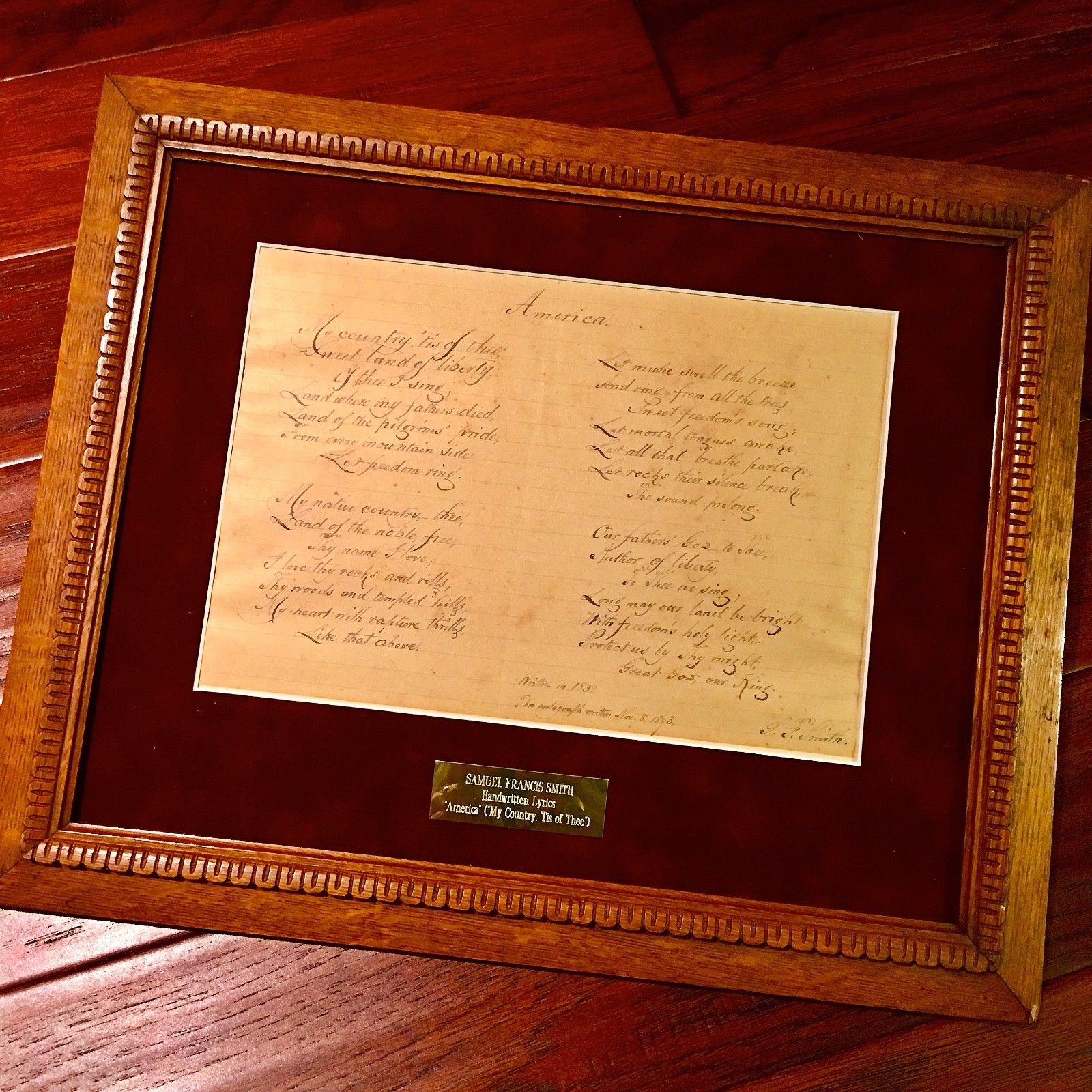 SAMUEL FRANCIS SMITH "America" / My Country 'Tis of Thee AUTOGRAPH Lyrics Signed