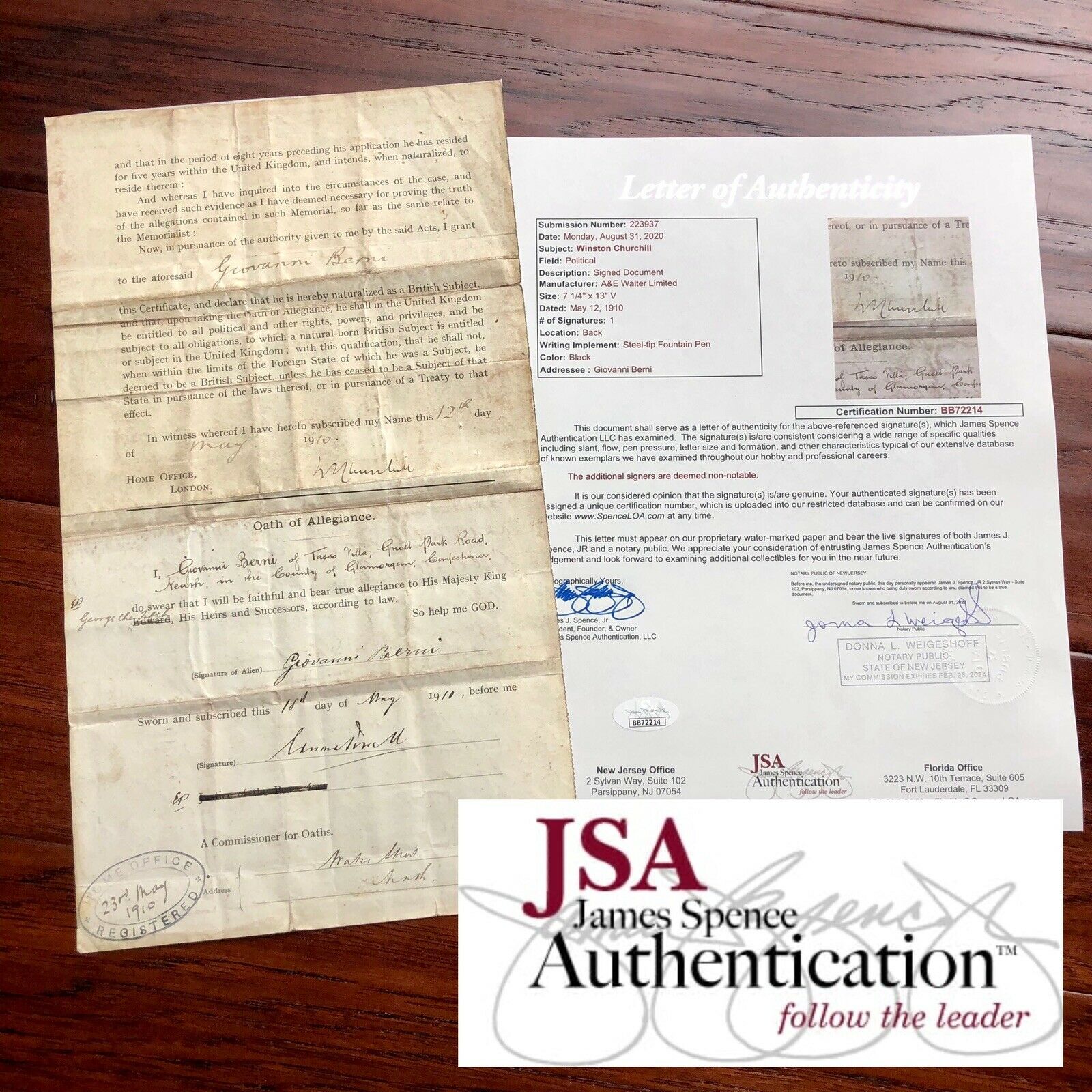 WINSTON S. CHURCHILL * JSA LOA * Hand Signed Naturalization Document Autograph *
