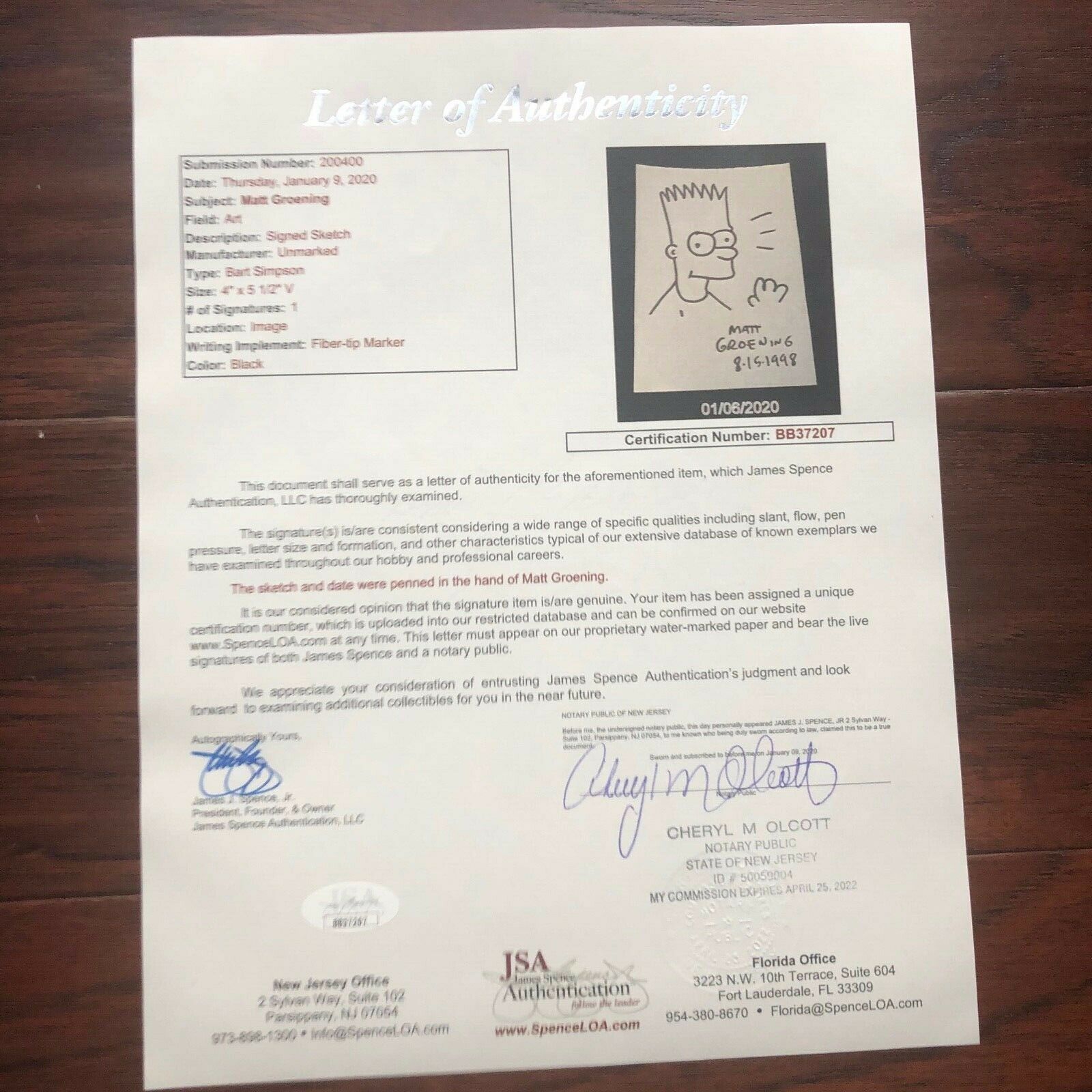 MATT GROENING * JSA * AUTOGRAPH Hand Drawn Bart Simpson SIGNED