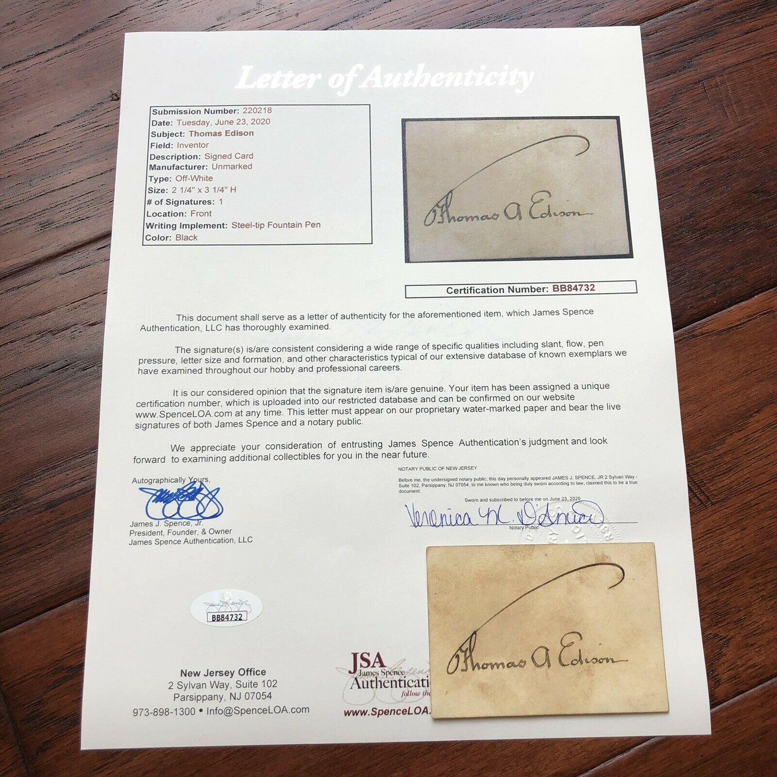 THOMAS EDISON * JSA LOA * Full Signature Autograph on Signed Card * Inventor