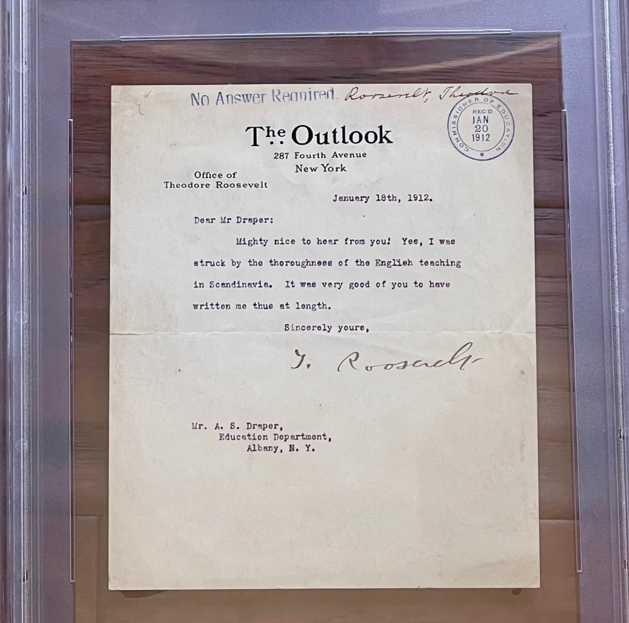 THEODORE ROOSEVELT * PSA/DNA Slabbed * OUTLOOK Autograph Letter Signed