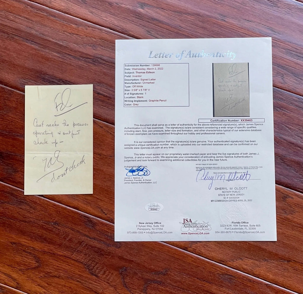 THOMAS EDISON * JSA LOA * Handwritten AUTOGRAPH Note SIGNED