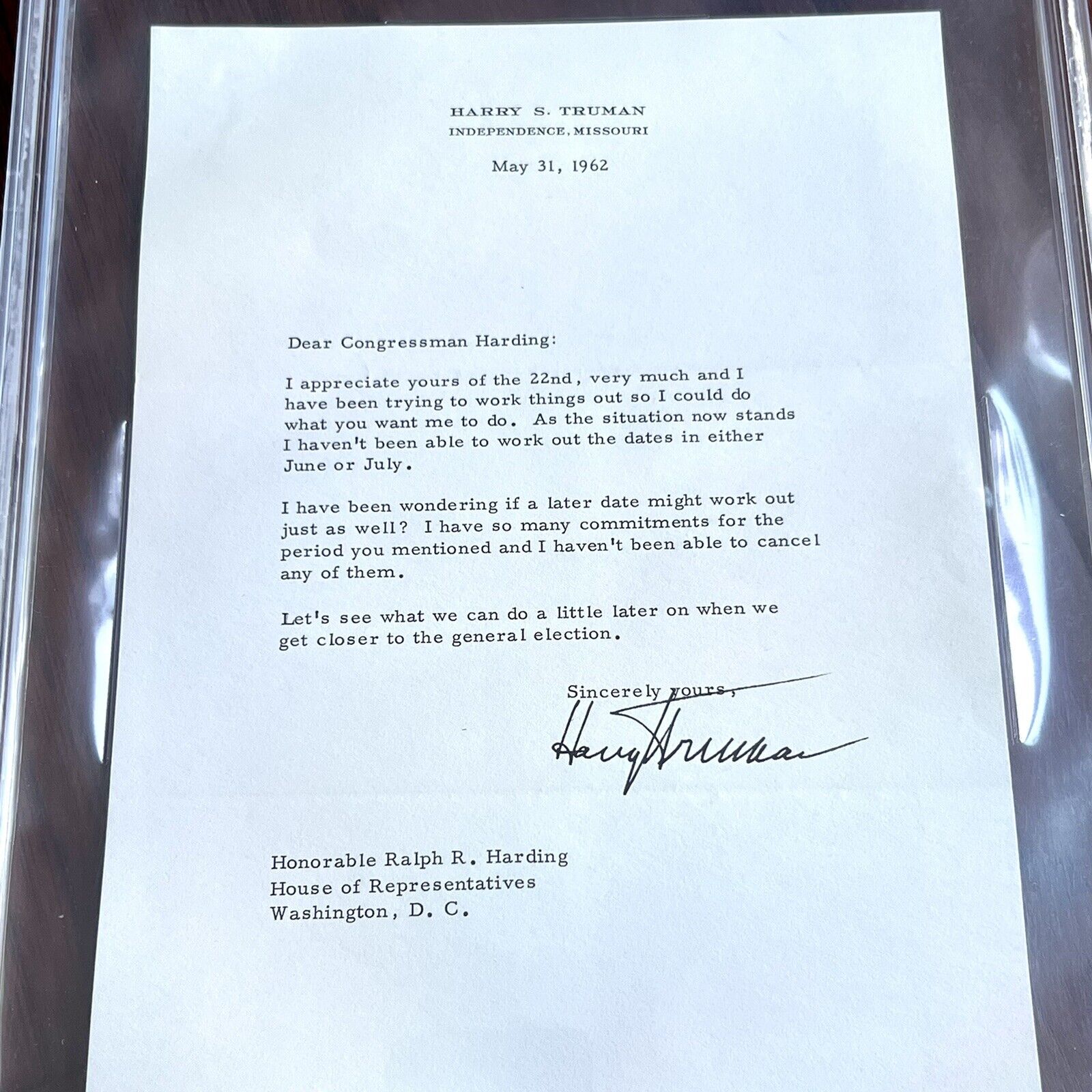 HARRY TRUMAN * JSA LOA * Signed Letter from 1961 Autograph Full Signature