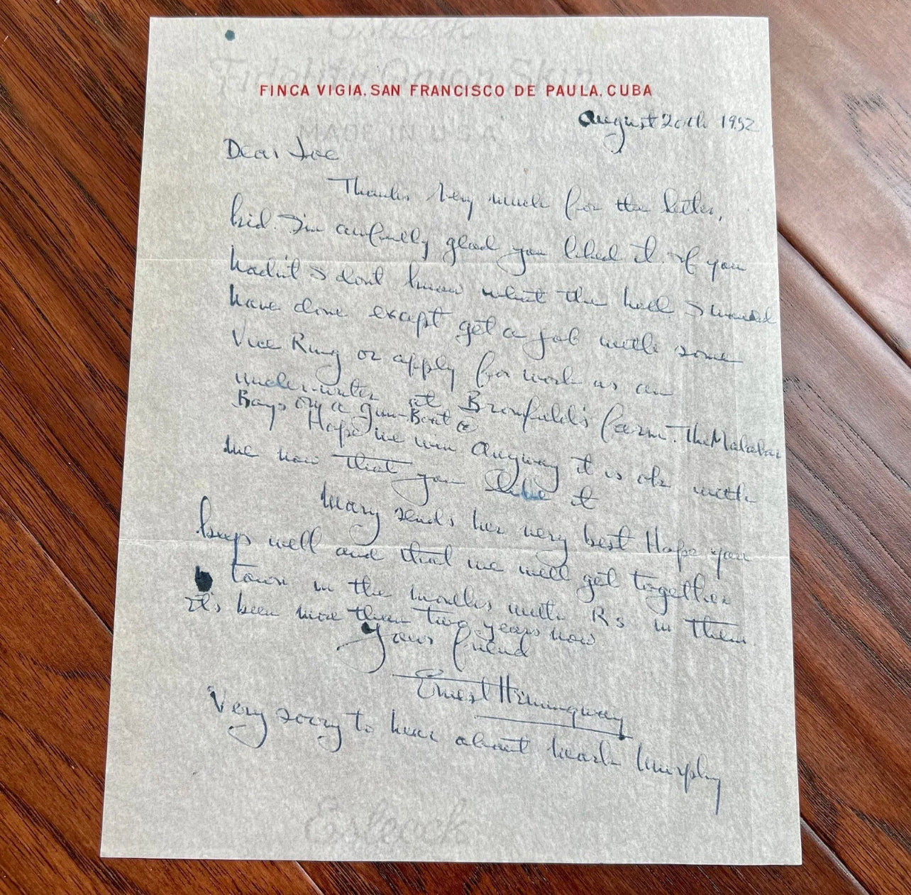 ERNEST HEMINGWAY * PSA/DNA * Autograph Letter Signed Re: "Old Man And The Sea"