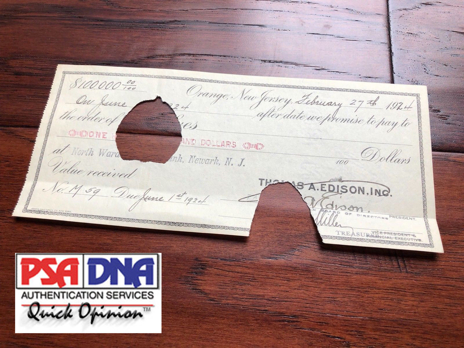 THOMAS A. EDISON * PSA/DNA * $100,000 Hand SIGNED Check * AUTOGRAPH