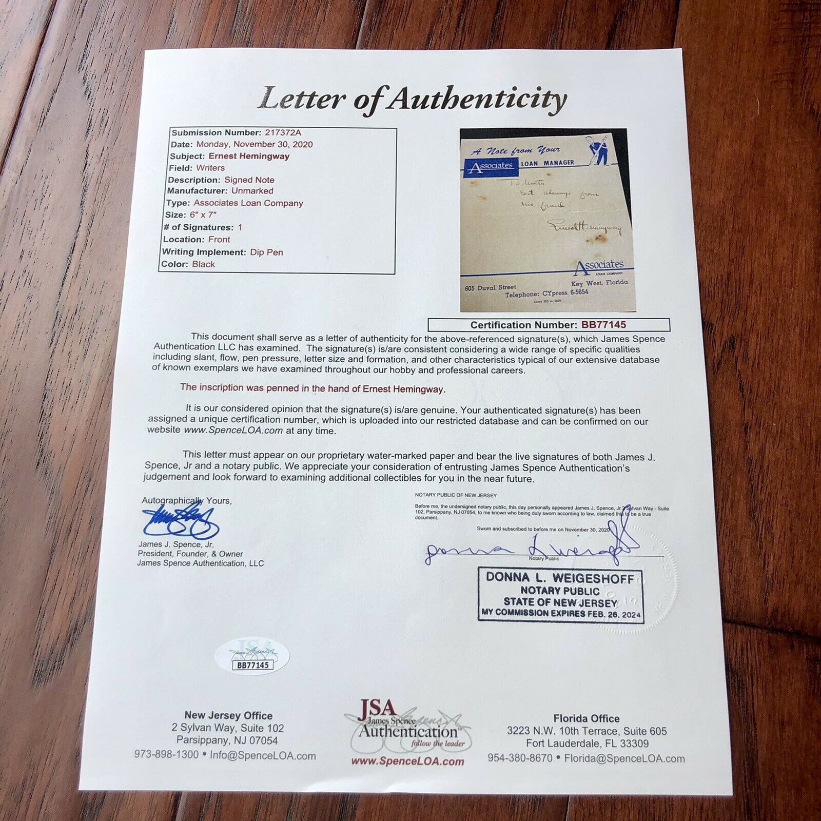 ERNEST HEMINGWAY * JSA LOA * Handwritten Autograph Key West Note Signed *