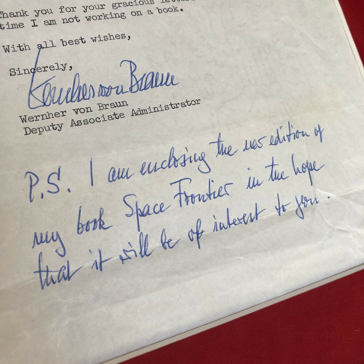 WERNHER VON BRAUN * Signed "Space Frontier" NASA Letter Postscript * Autograph