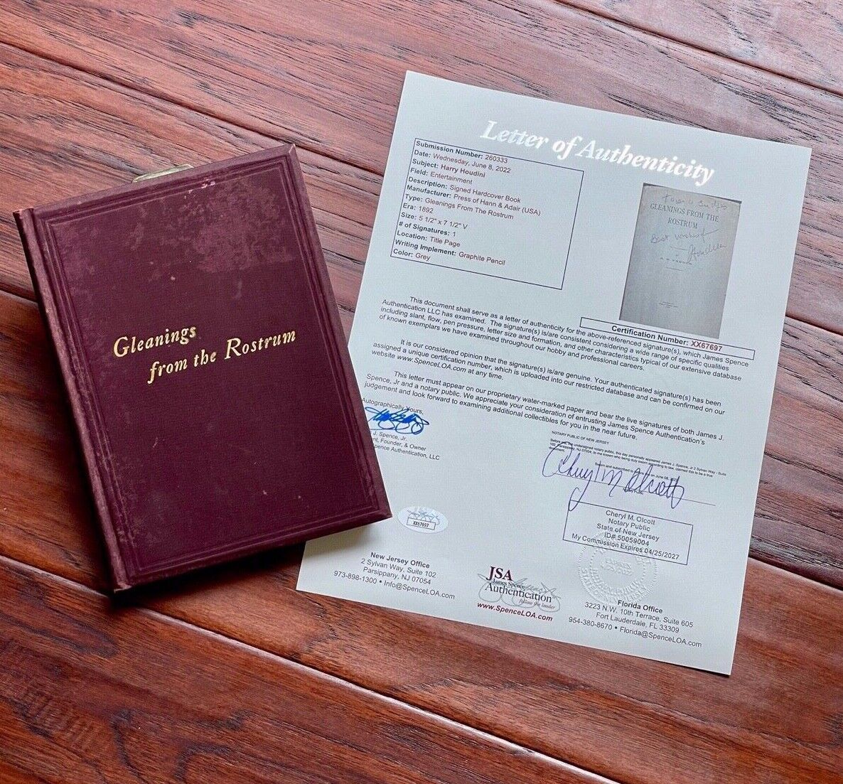 HARRY HOUDINI * JSA LOA * AUTOGRAPH Spiritualism Book "Gleanings" Signed