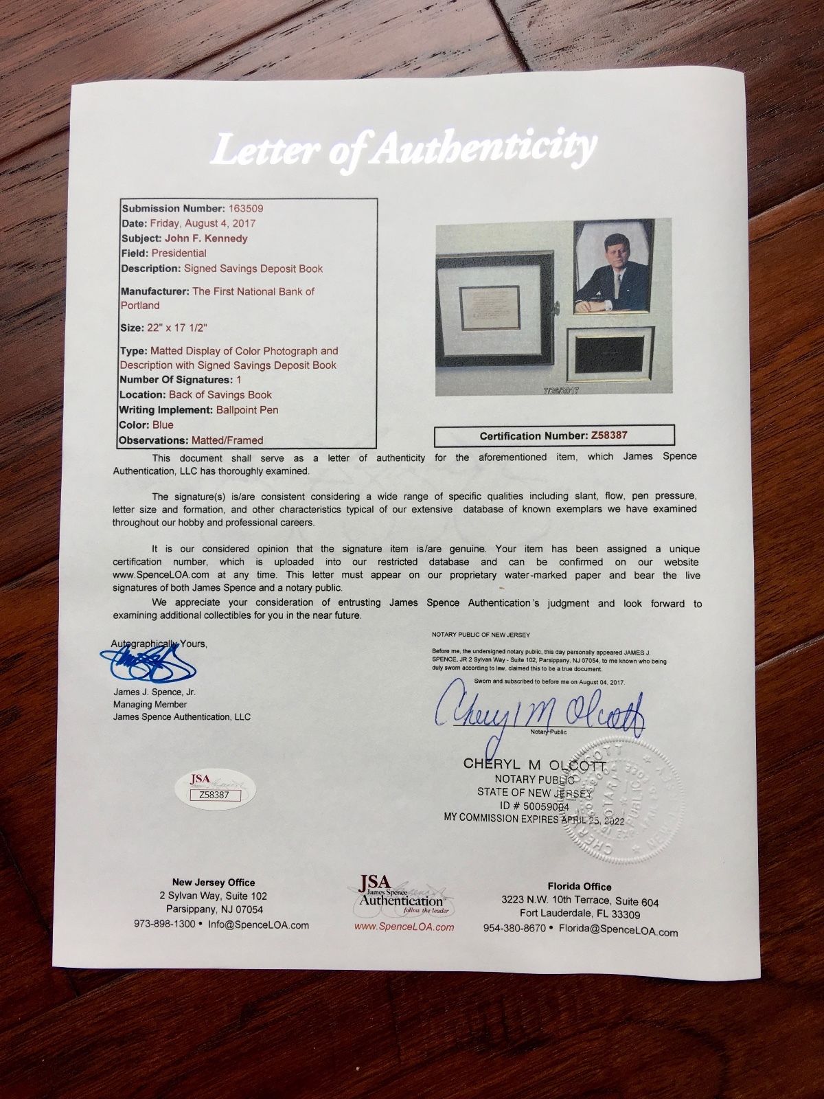 JOHN F KENNEDY * JSA COA * Authentic JFK AUTOGRAPH Signed Display * 1960