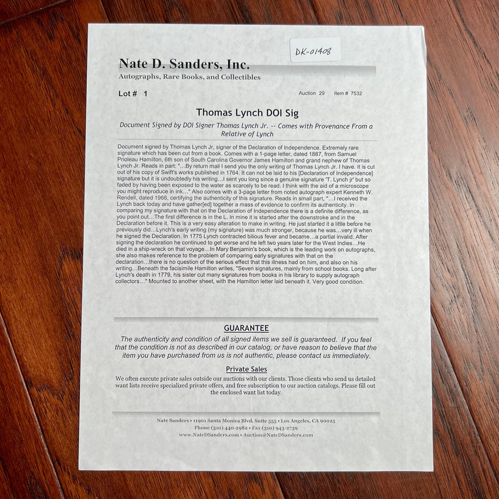 THOMAS LYNCH JR * PSA/DNA * Declaration of Independence Signer Autograph Signed