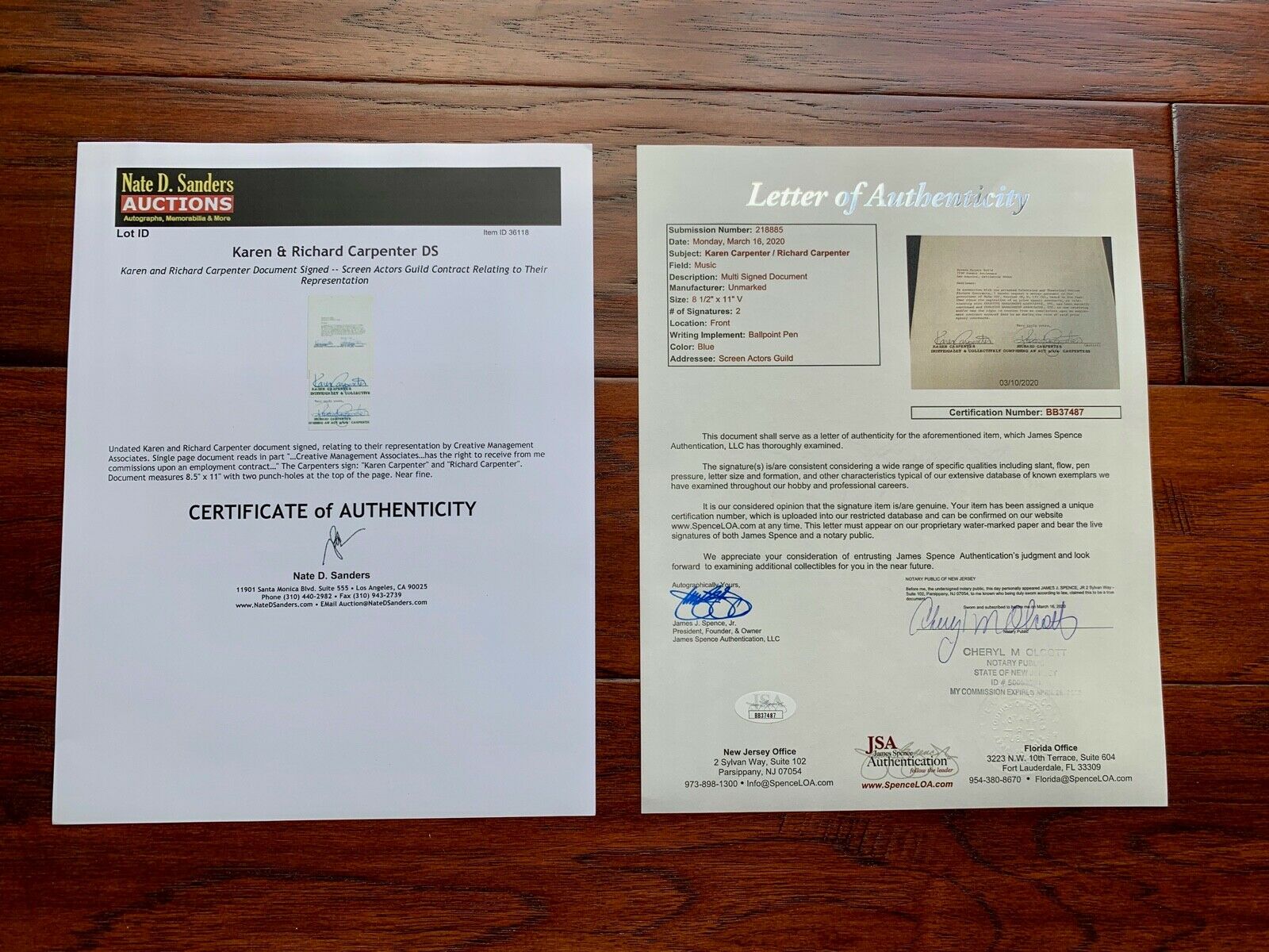 THE CARPENTERS * JSA * Karen & Richard AUTOGRAPH Duo Contract SIGNED