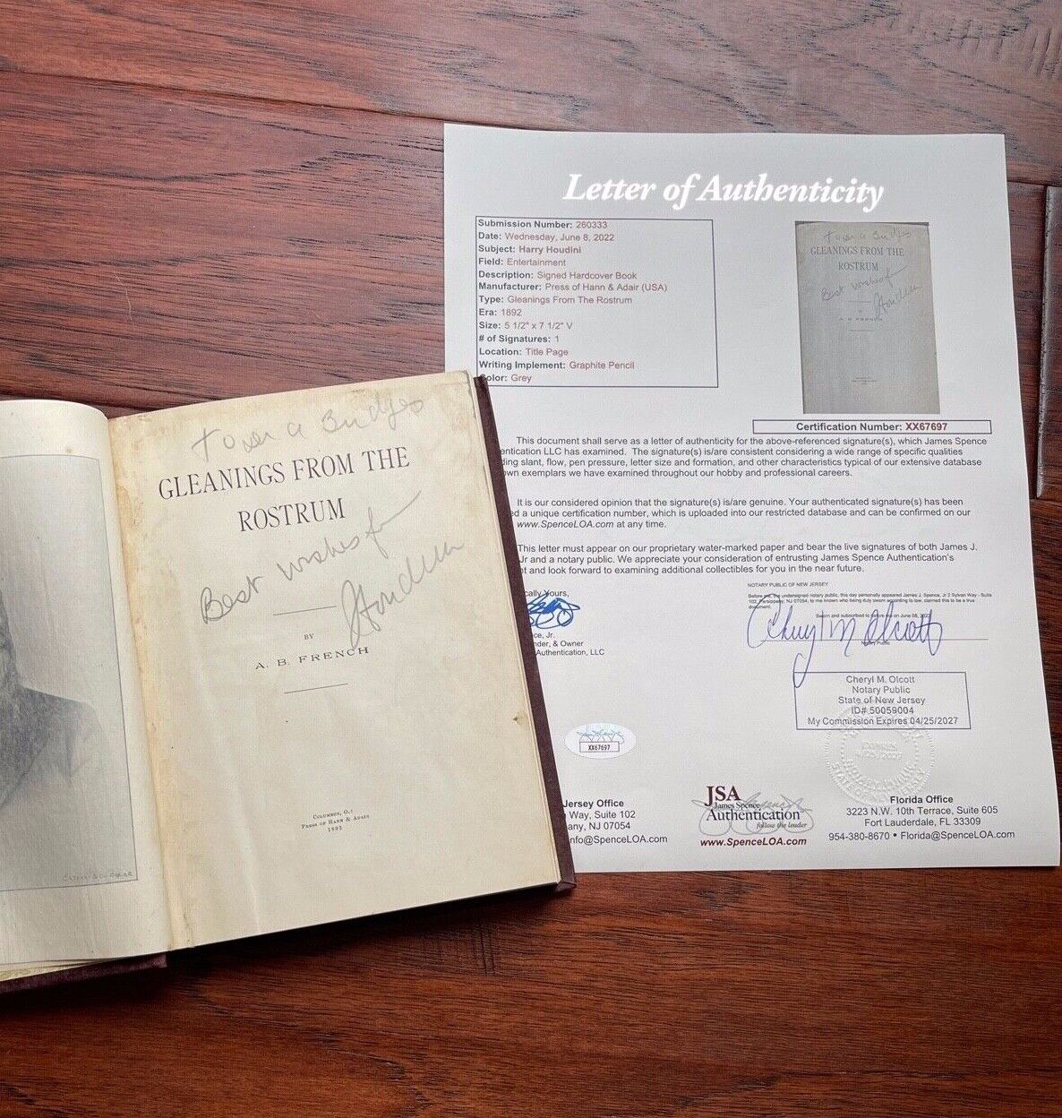 HARRY HOUDINI * JSA LOA * AUTOGRAPH Spiritualism Book "Gleanings" Signed