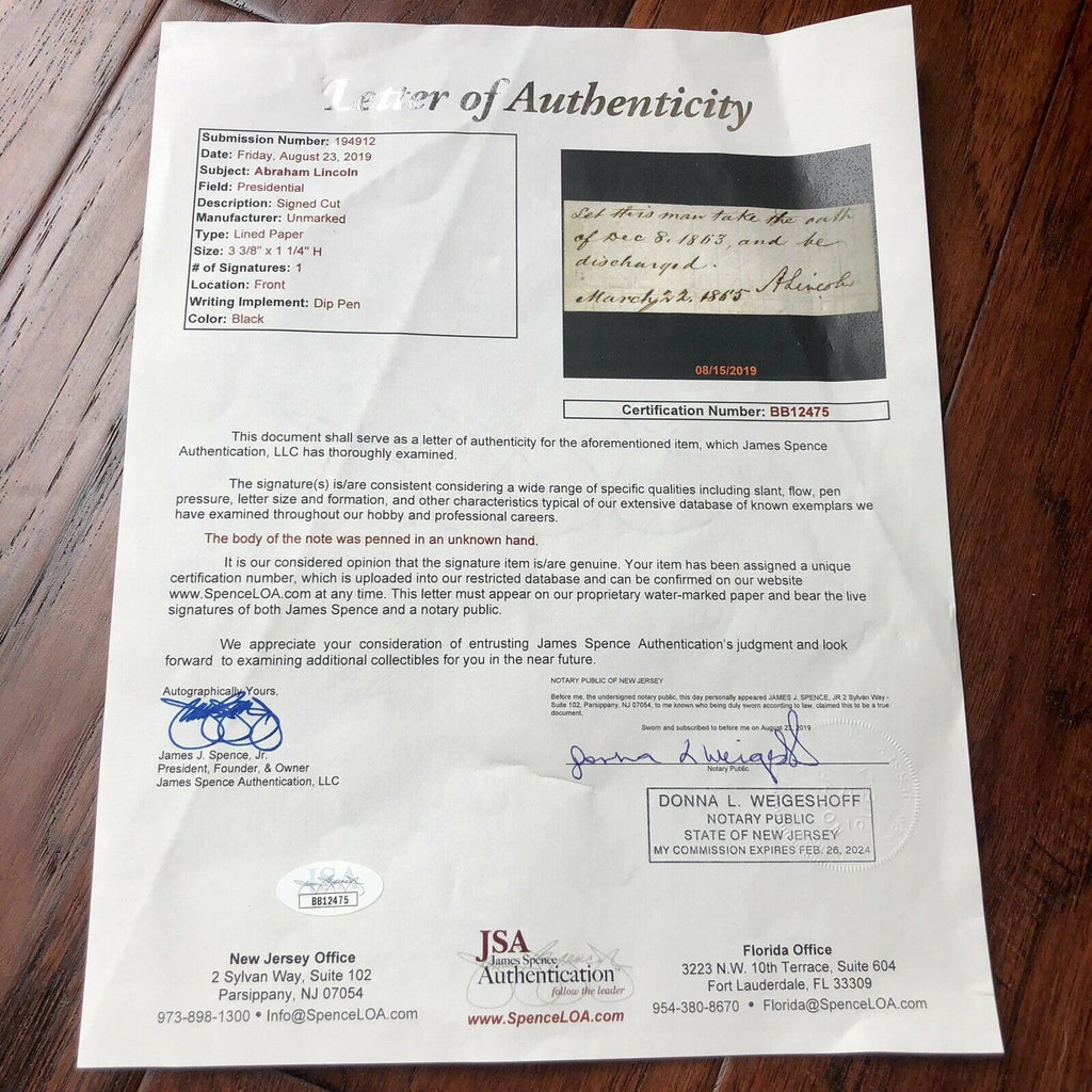 ABRAHAM LINCOLN * BAS JSA * Autograph AMNESTY Signed DAYS BEFORE ASSASSINATION