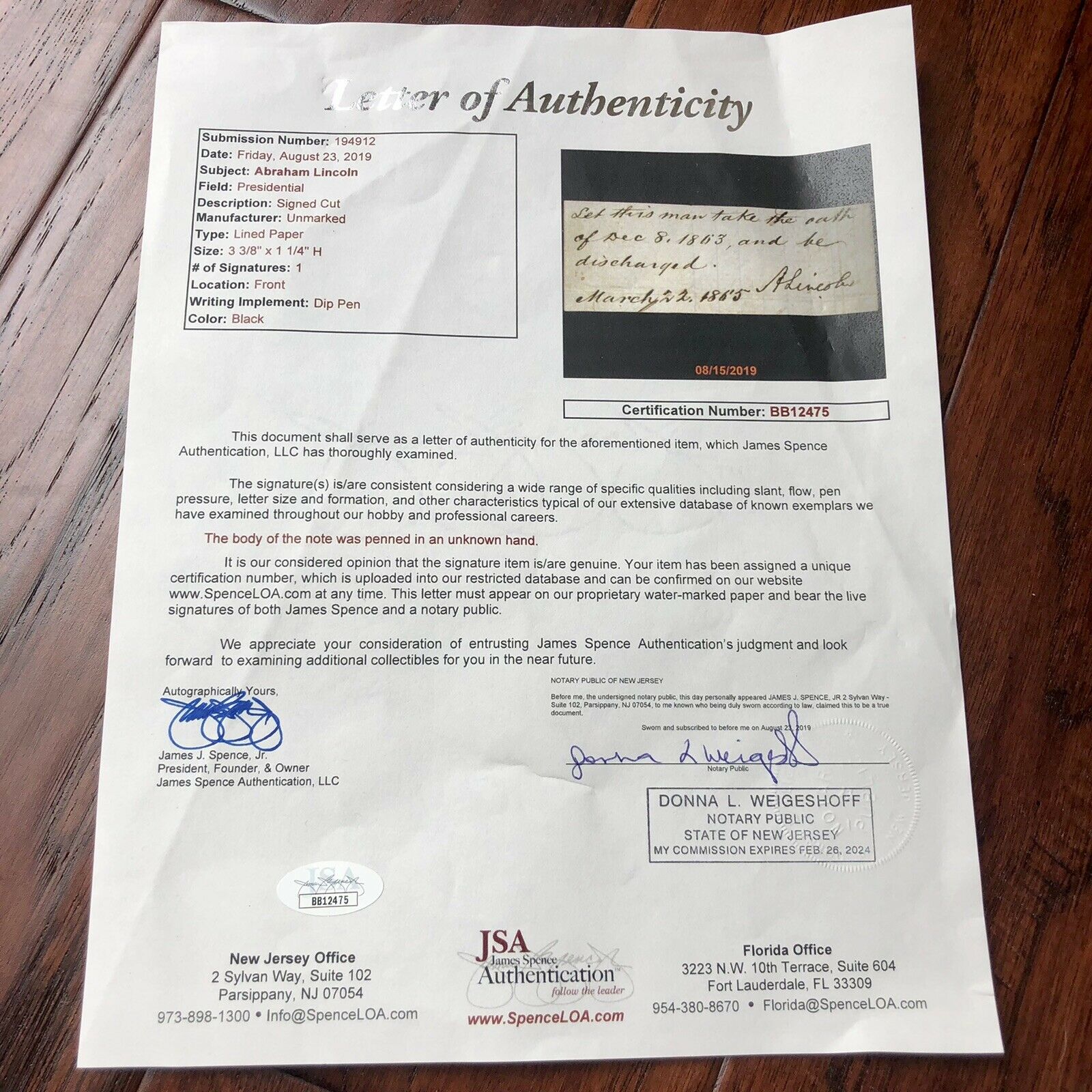 ABRAHAM LINCOLN * BAS JSA * Autograph AMNESTY Signed DAYS BEFORE ASSASSINATION