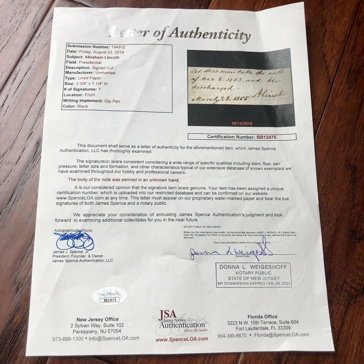 ABRAHAM LINCOLN * BAS JSA * Autograph AMNESTY Signed DAYS BEFORE ASSASSINATION