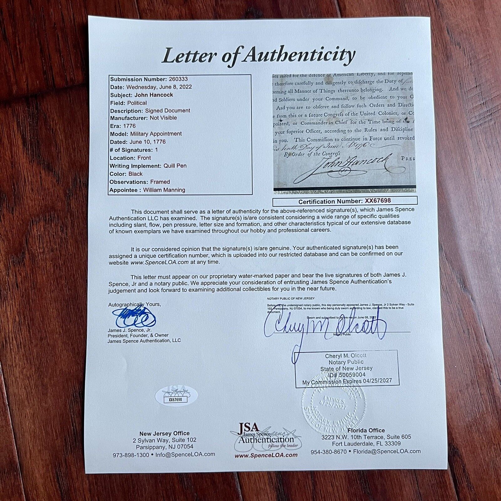 JOHN HANCOCK * Signed 1776 Appointment of Lexington Concord Soldier Autograph