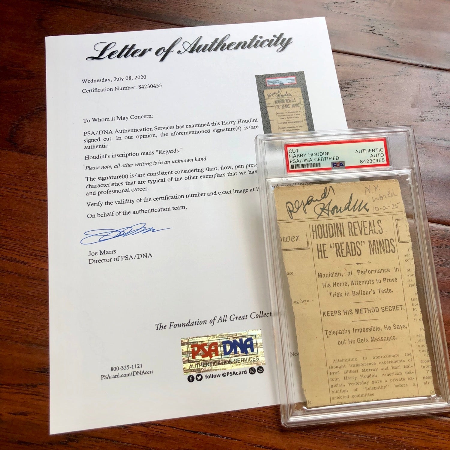HARRY HOUDINI * PSA/DNA * Autograph Encapsulated Mind Reader Newspaper Signed *