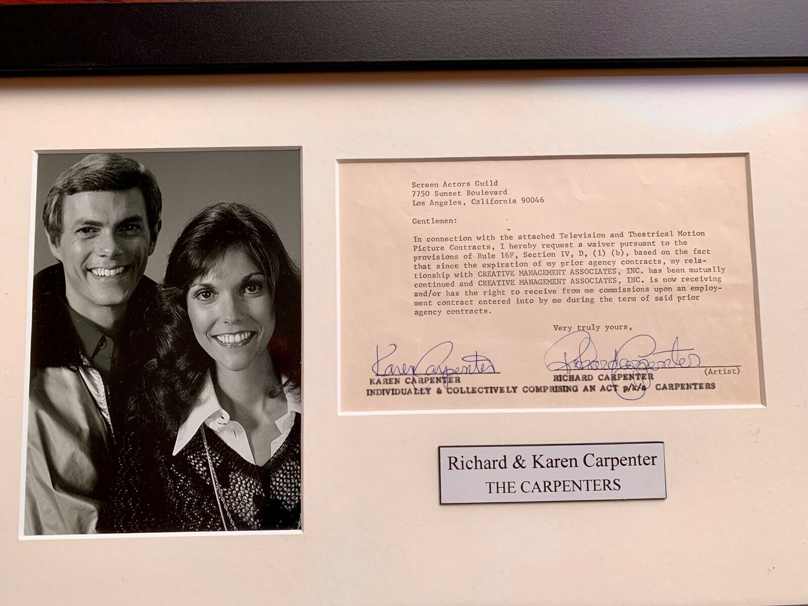THE CARPENTERS * JSA * Karen & Richard AUTOGRAPH Duo Contract SIGNED