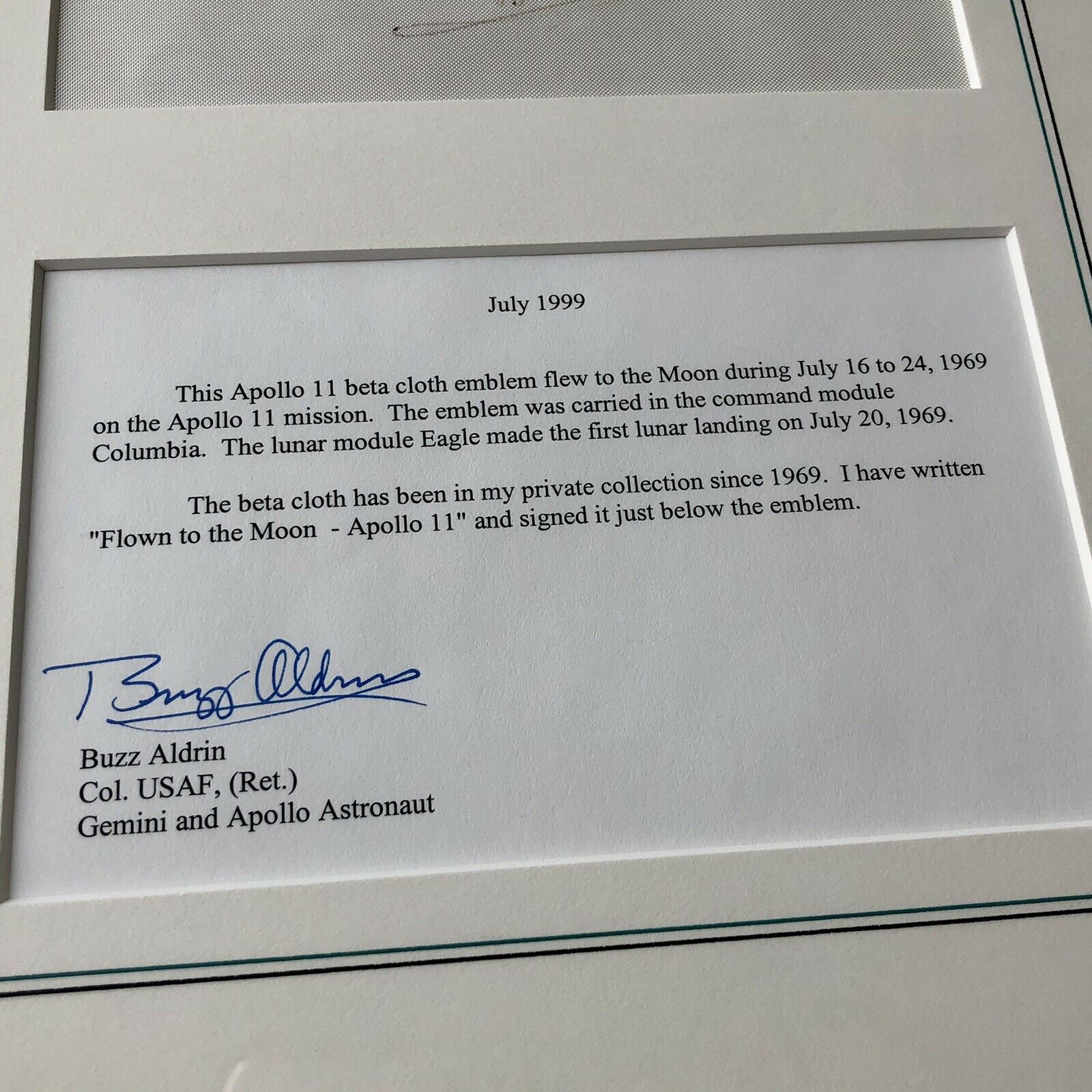 BUZZ ALDRIN * Apollo 11 Flown Signed Beta Cloth * Aldrin Personal Collection