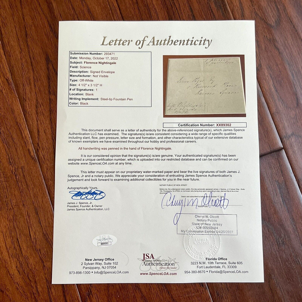 FLORENCE NIGHTINGALE * JSA * Autograph Envelope Signed to Founding Pathologist