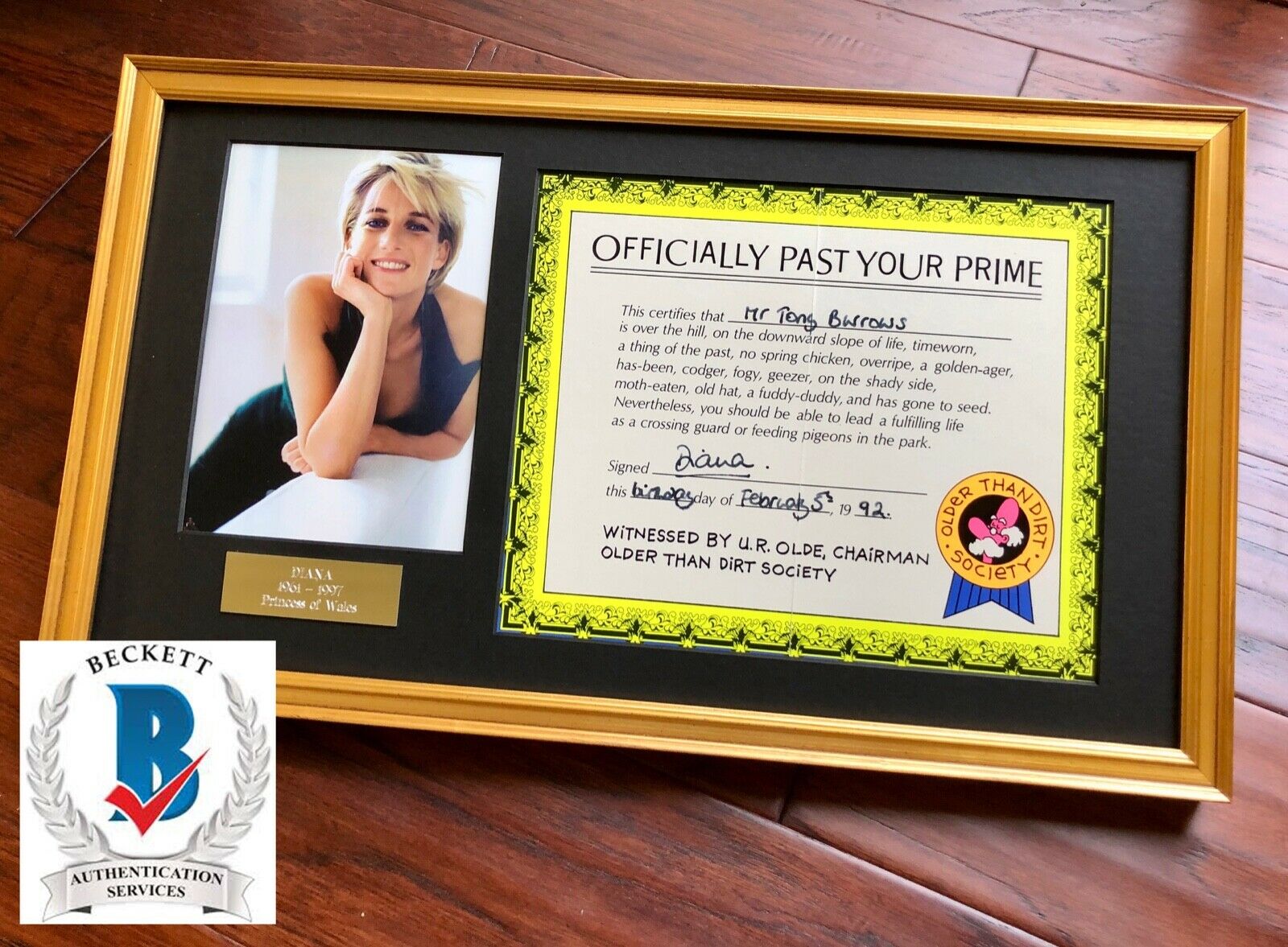 Princess DIANA * BAS * "Past Your Prime" AUTOGRAPH Birthday Certificate SIGNED