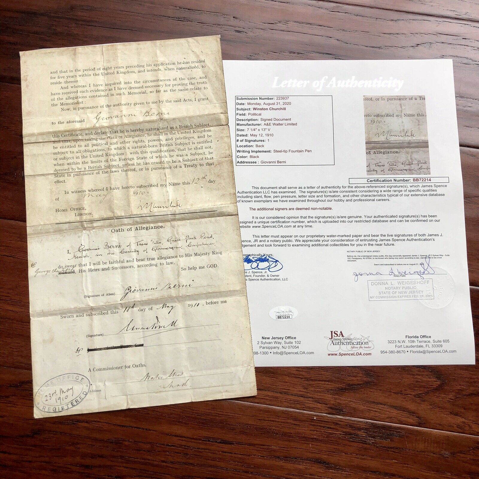 WINSTON S. CHURCHILL * JSA LOA * Hand Signed Naturalization Document Autograph *