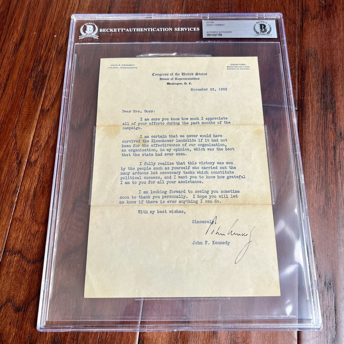 JOHN F. KENNEDY * Beckett BAS * Autograph Senate Letter Re: Eisenhower Signed