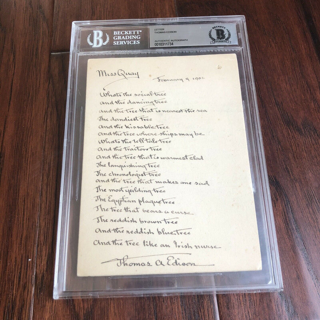 THOMAS EDISON * BAS Beckett Slabbed Autograph * Lengthy Handwritten Poem Signed